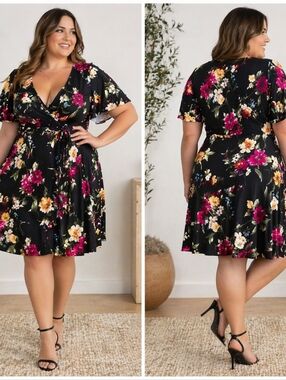 Fortune + Ivy 3X Black Floral Wrap Dress Short Sleeve Fit & Flare Boho Romantic